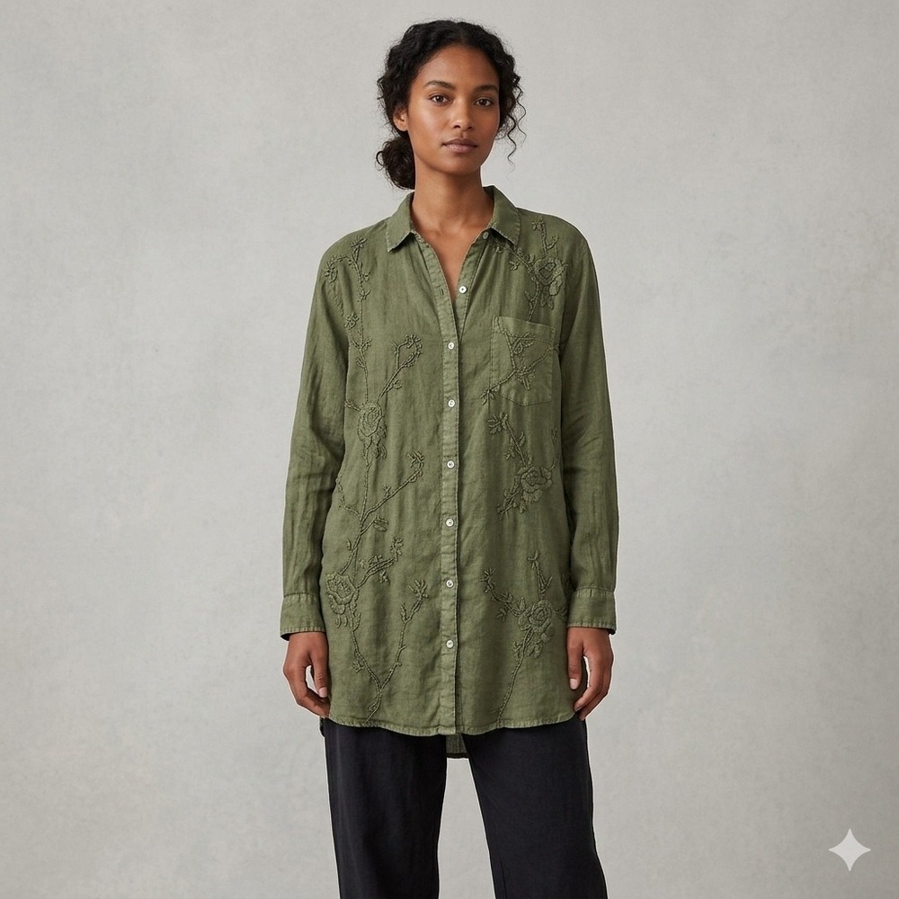 Kyla Seo Button Down Tunic Women L Olive Green Floral Embroidered Boho Lagenlook